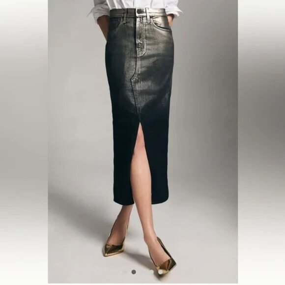 NWT Hudson Denim Midi Skirt Jean Reconstructed Metallic Silver Blue Cotton Sz 30 - Picture 1 of 12